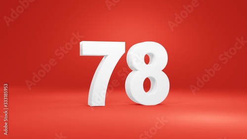 Number 78 in white on red background, isolated number 3d render photo