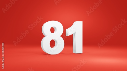 Number 81 in white on red background, isolated number 3d render
