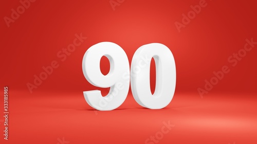 Number 90 in white on red background, isolated number 3d render