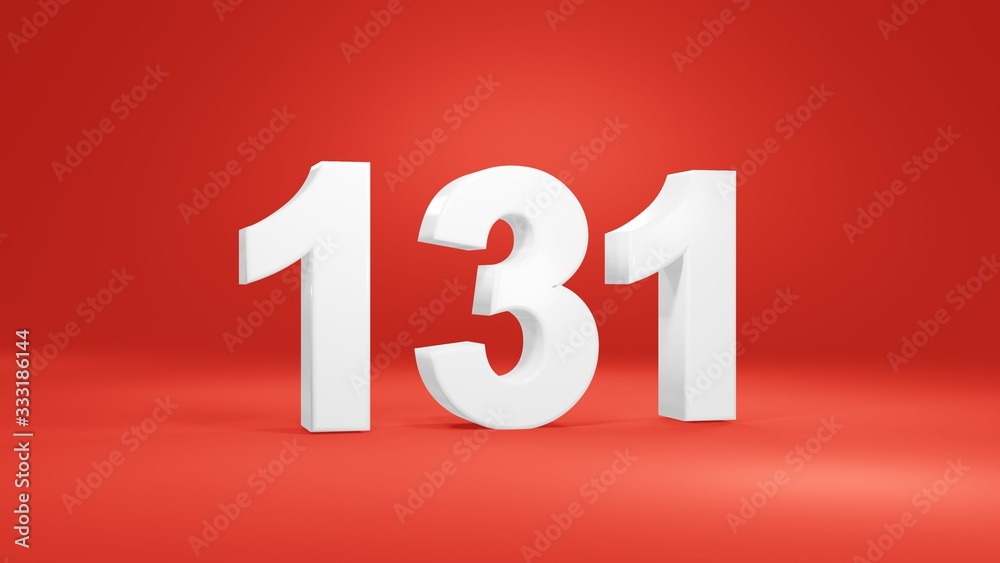 Number 131 in white on red background, isolated number 3d render Number 131 in white on red background, isolated number 3d render