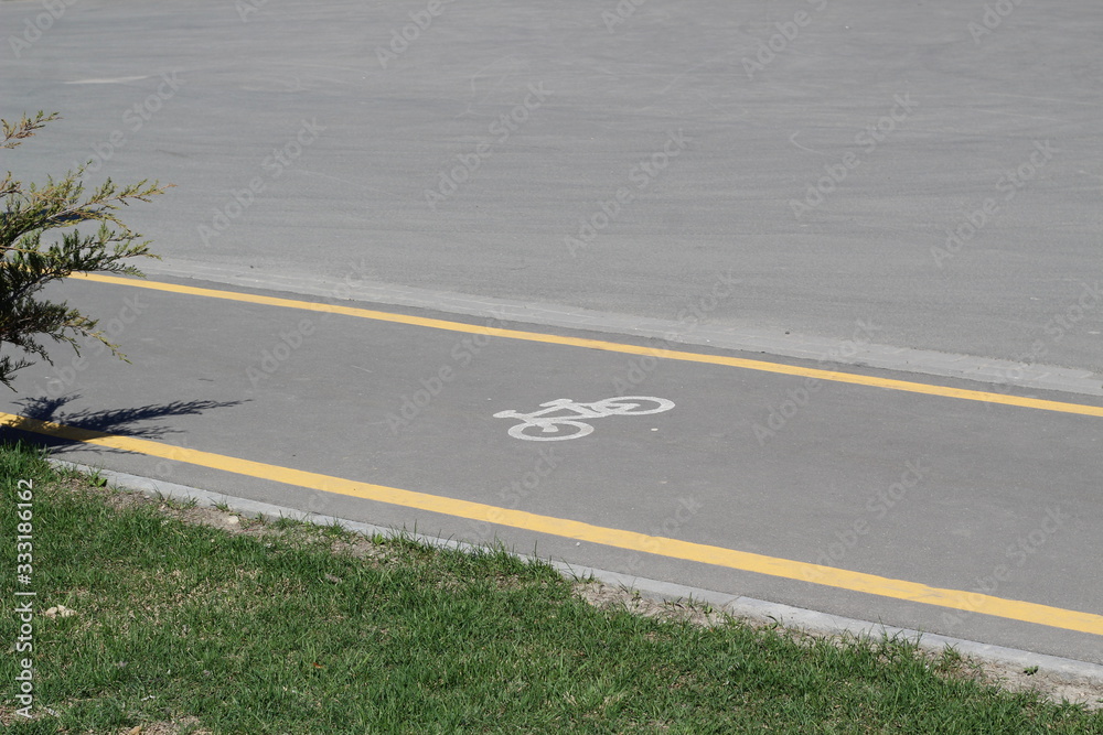sign Bicycle paths on the gray asphalt on a city street