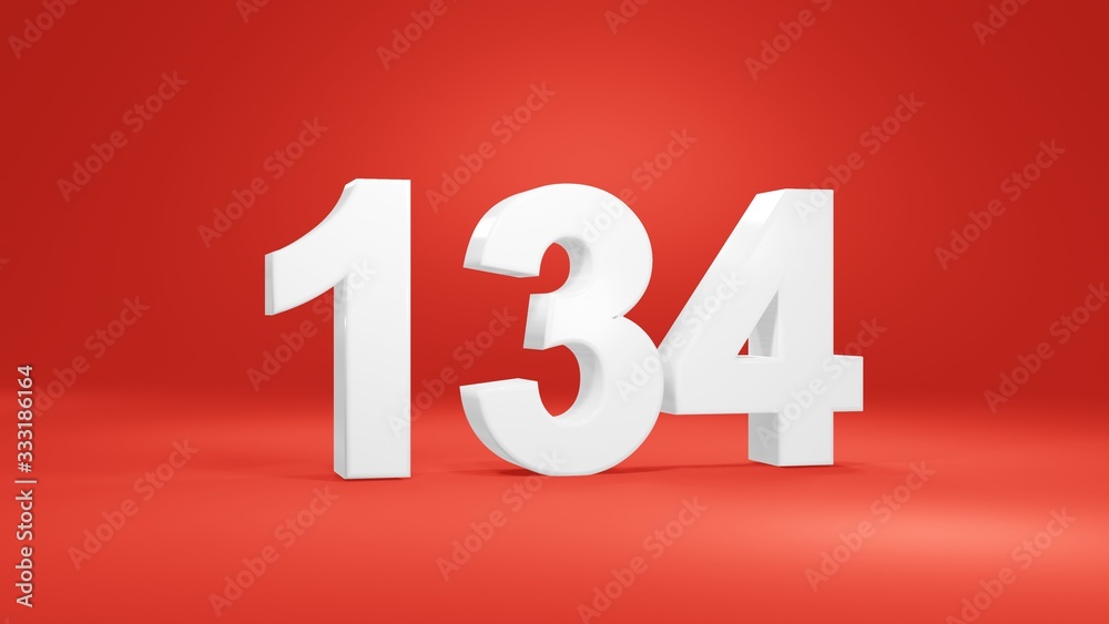 Number 134 in white on red background, isolated number 3d render Number 134 in white on red background, isolated number 3d render
