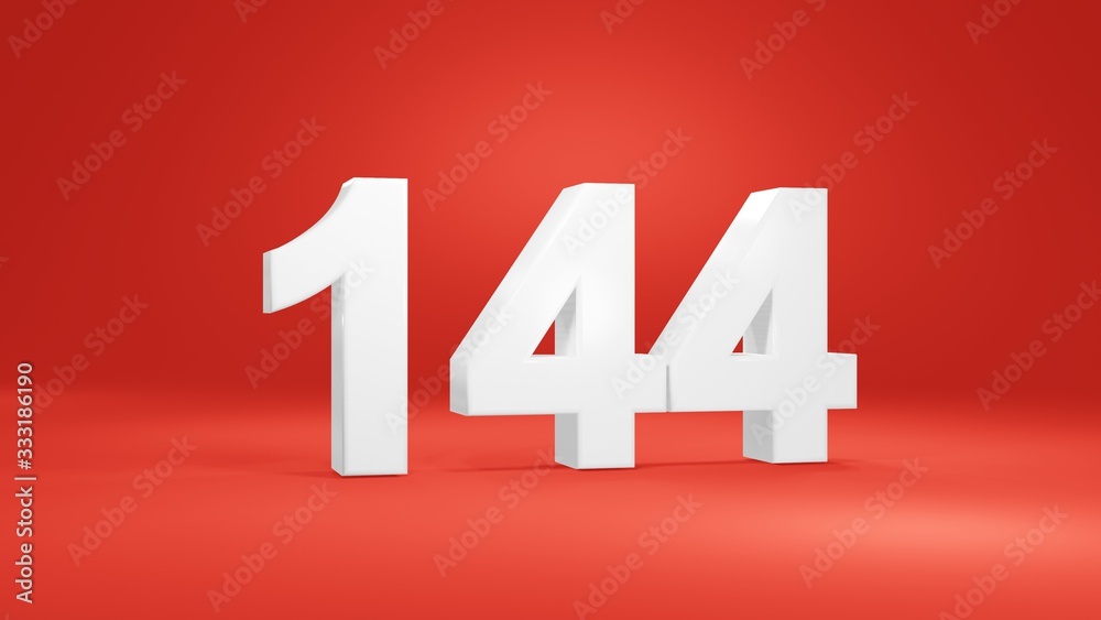 Number 144 in white on red background, isolated number 3d render Number 144 in white on red background, isolated number 3d render