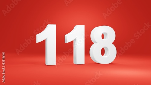 Number 118 in white on red background, isolated number 3d render