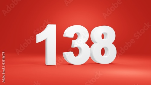 Number 138 in white on red background, isolated number 3d render