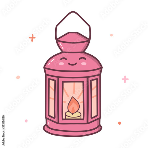 Cute lantern with a candle inside. Kawaii cartoon character isolated on a white background. Vector illustration.