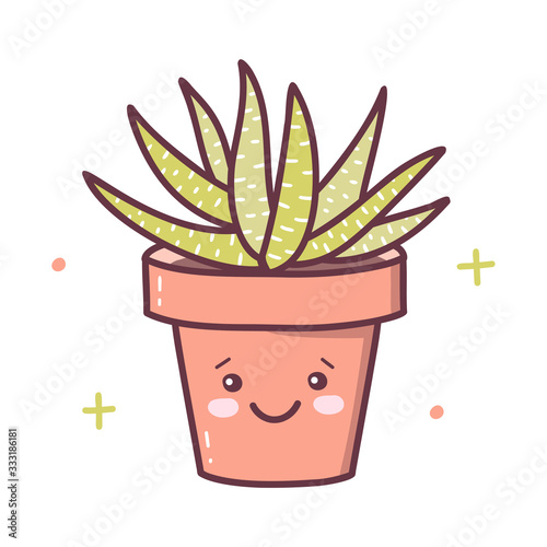 Cheerful succulent in a pot.  Kawaii cartoon character isolated on a white background. Vector illustration.