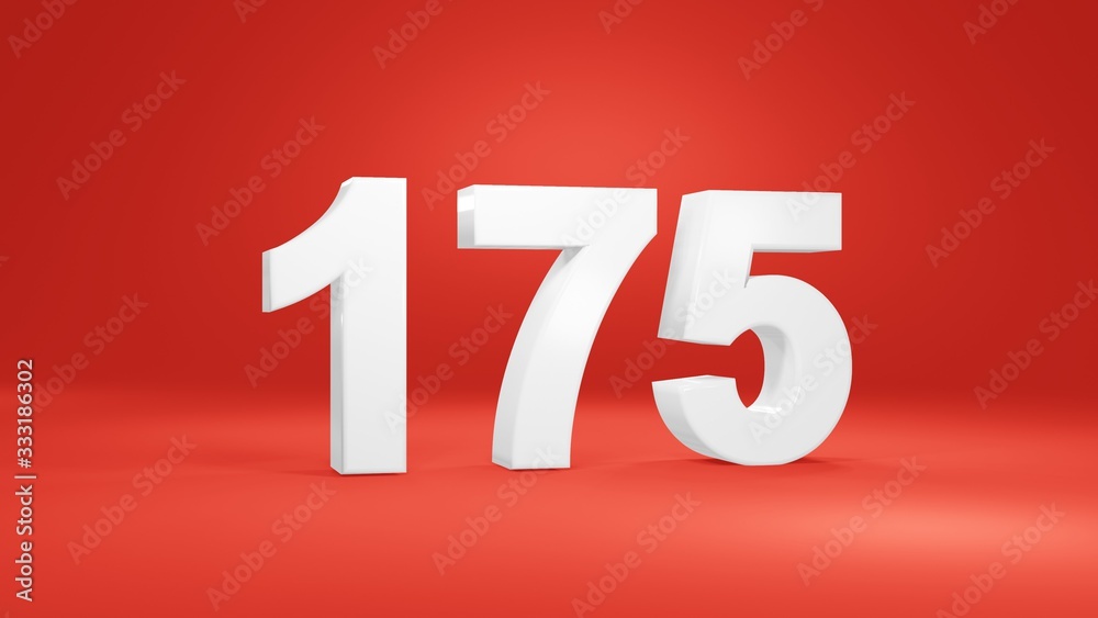 Number 175 in white on red background, isolated number 3d render Number 175 in white on red background, isolated number 3d render