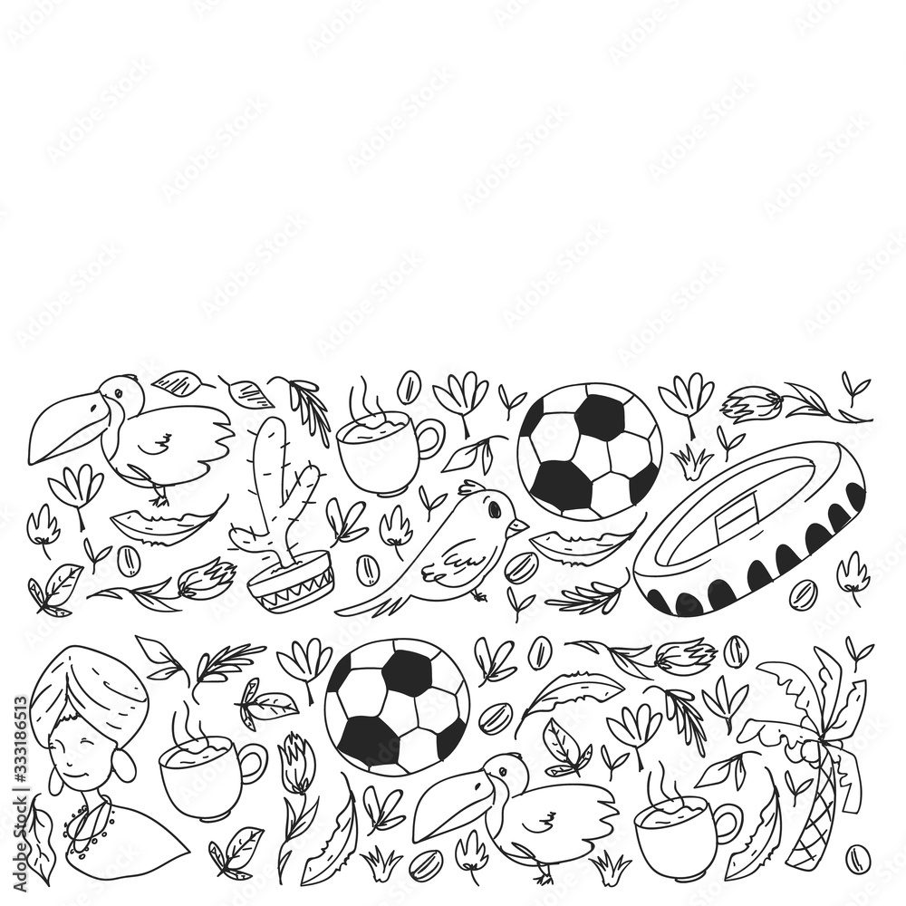 Obraz premium Coloring page, book. Brazil vector pattern with national symbols. Background for posters, coloring pages, books.