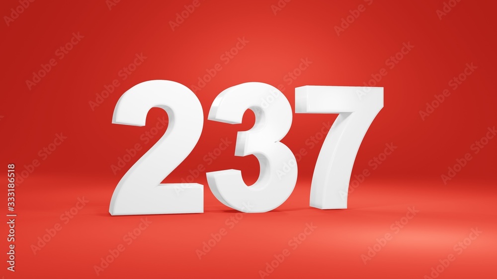Number 237 in white on red background, isolated number 3d render Number 237 in white on red background, isolated number 3d render