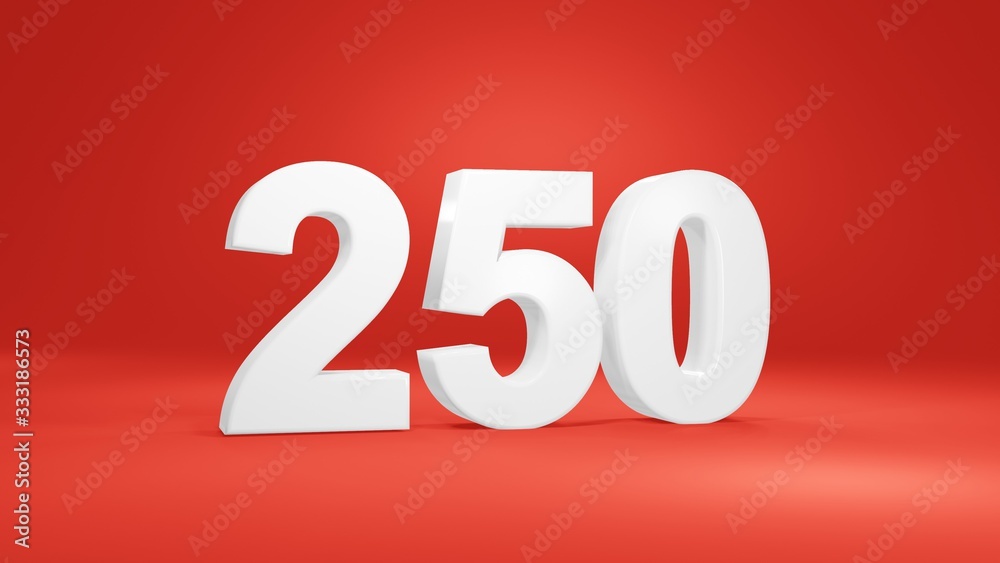 Number 250 in white on red background, isolated number 3d render