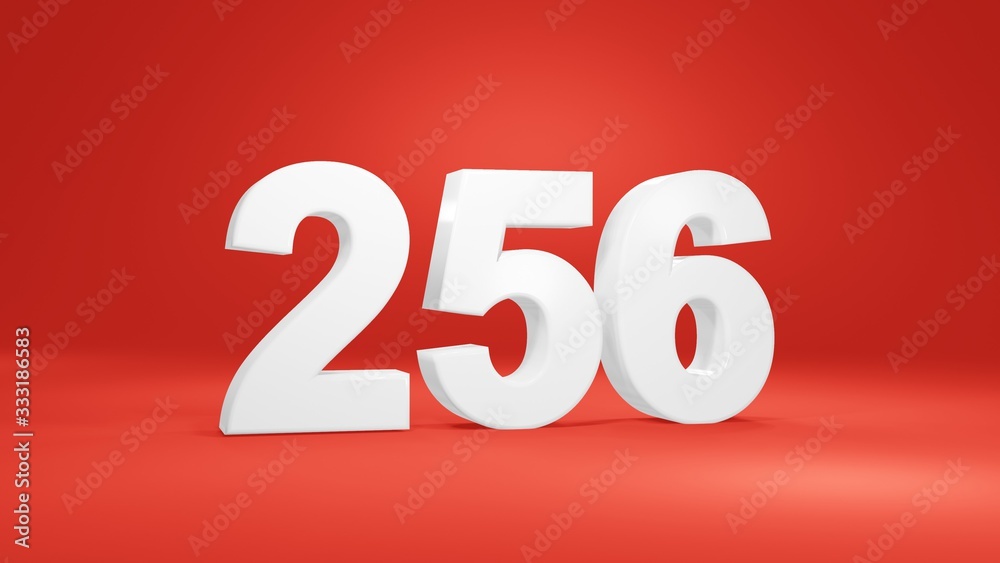 Number 256 in white on red background, isolated number 3d render