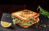 Vegetarian American Cuisine. Homemade toast sandwich with red fish salmon, arugula, cucumbers and tomatoes, white sauce. Sandwich on a black background. copy space text