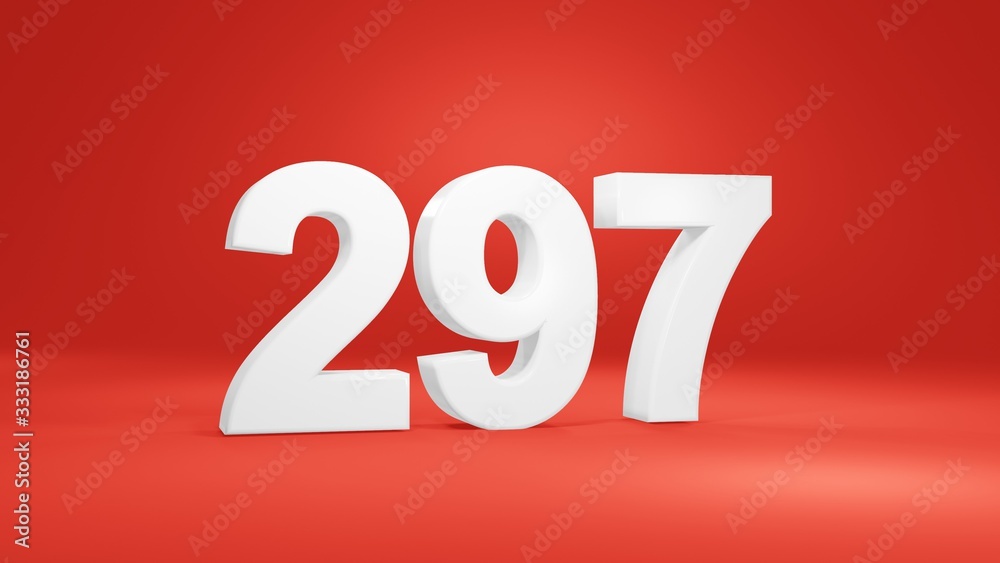 Number 297 in white on red background, isolated number 3d render Number 297 in white on red background, isolated number 3d render