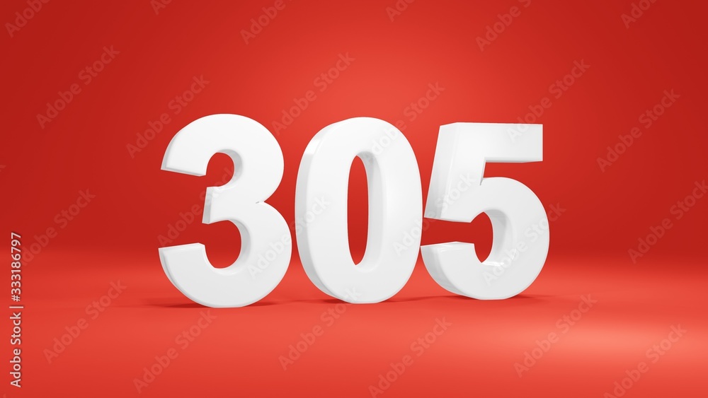 Number 305 in white on red background, isolated number 3d render Number 305 in white on red background, isolated number 3d render