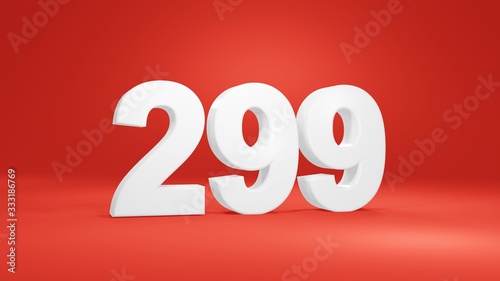 Number 299 in white on red background, isolated number 3d render