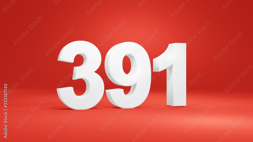 Number 391 in white on red background, isolated number 3d render Number 391 in white on red background, isolated number 3d render