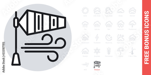 Windsock or wind speed flag icon for weather forecast application or widget. Simple black and white version. Free bonus icons kit included