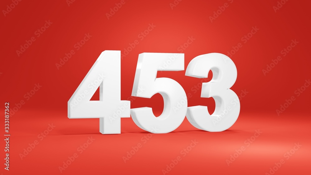 Number 453 in white on red background, isolated number 3d render Number 453 in white on red background, isolated number 3d render