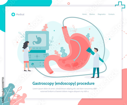 Performing a gastroscopy procedure. Diagnostics of gastric diseases. Stomach health medical concept. Landing page. Flat vector.