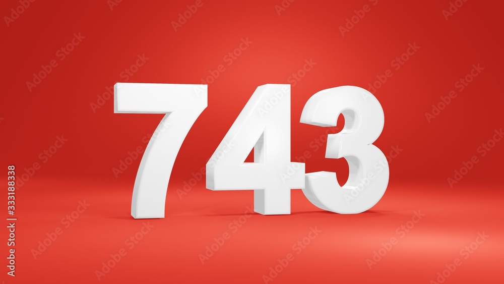 Number 743 in white on red background, isolated number 3d render Number 743 in white on red background, isolated number 3d render