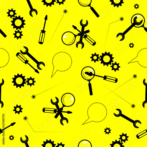 Screwdriver, wrench, magnifier, gears. Seamless ornament, pattern, background and template. Vector square