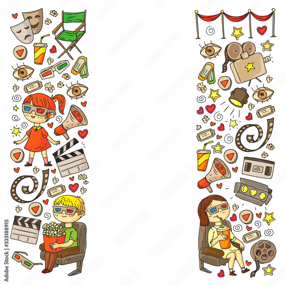 Online internet cinema pattern with vector icons for wrapping paper, posters, banners, leaflets. 3d movie, tv, musical. Online internet cinema pattern with vector icons for wrapping paper, posters, banners, leaflets. 3d movie, tv, musical.