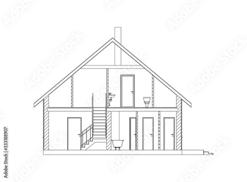 Best interesting architectural background. Cross-section suburban house. Vector blueprint.