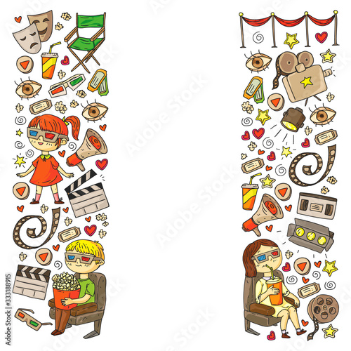 Online internet cinema pattern with vector icons for wrapping paper, posters, banners, leaflets. 3d movie, tv, musical.