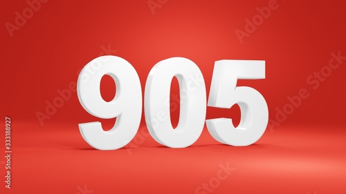 Number 905 in white on red background, isolated number 3d render