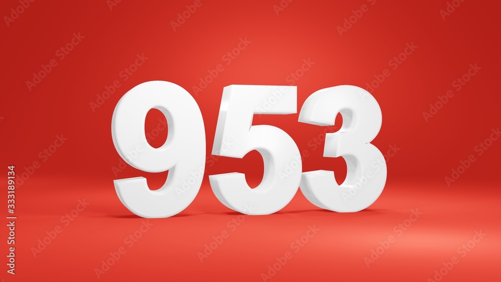 Number 953 in white on red background, isolated number 3d render Number 953 in white on red background, isolated number 3d render