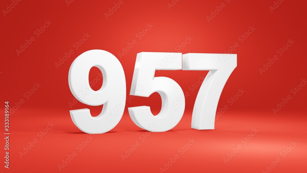 Number 957 in white on red background, isolated number 3d render Number 957 in white on red background, isolated number 3d render