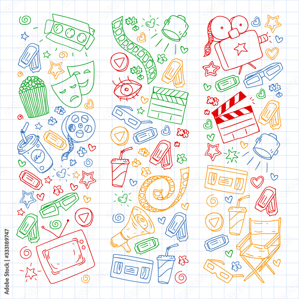 Online internet cinema pattern with vector icons for wrapping paper, posters, banners, leaflets. 3d movie, tv, musical.