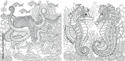 Coloring pages. Underwater landscapes with octopus and seahorses. 