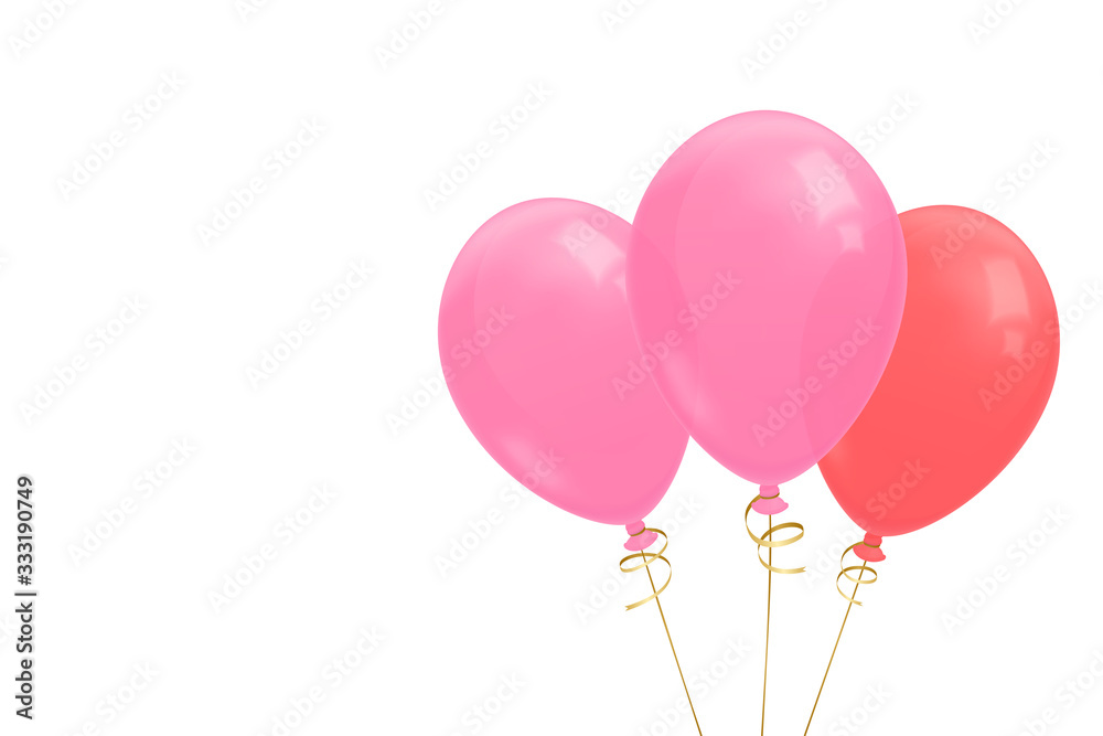 Three realistic flying balloons with golden ribbon illustration. Pink and red balloons. Birthday greeting card with copy space for text. Isolated on white background. Stock vector.