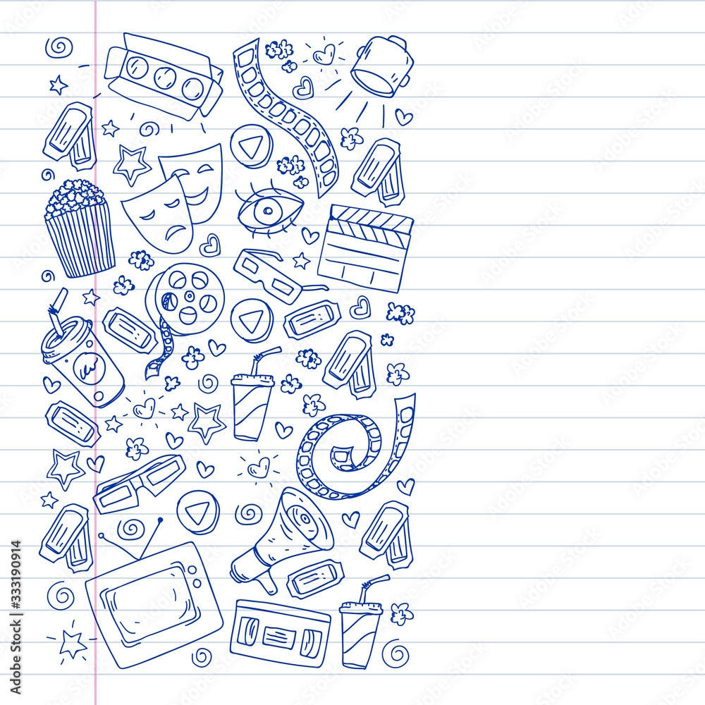 Fototapeta premium Coloring page. Online internet cinema pattern with vector icons for wrapping paper, posters, banners, leaflets. 3d movie, tv, musical.