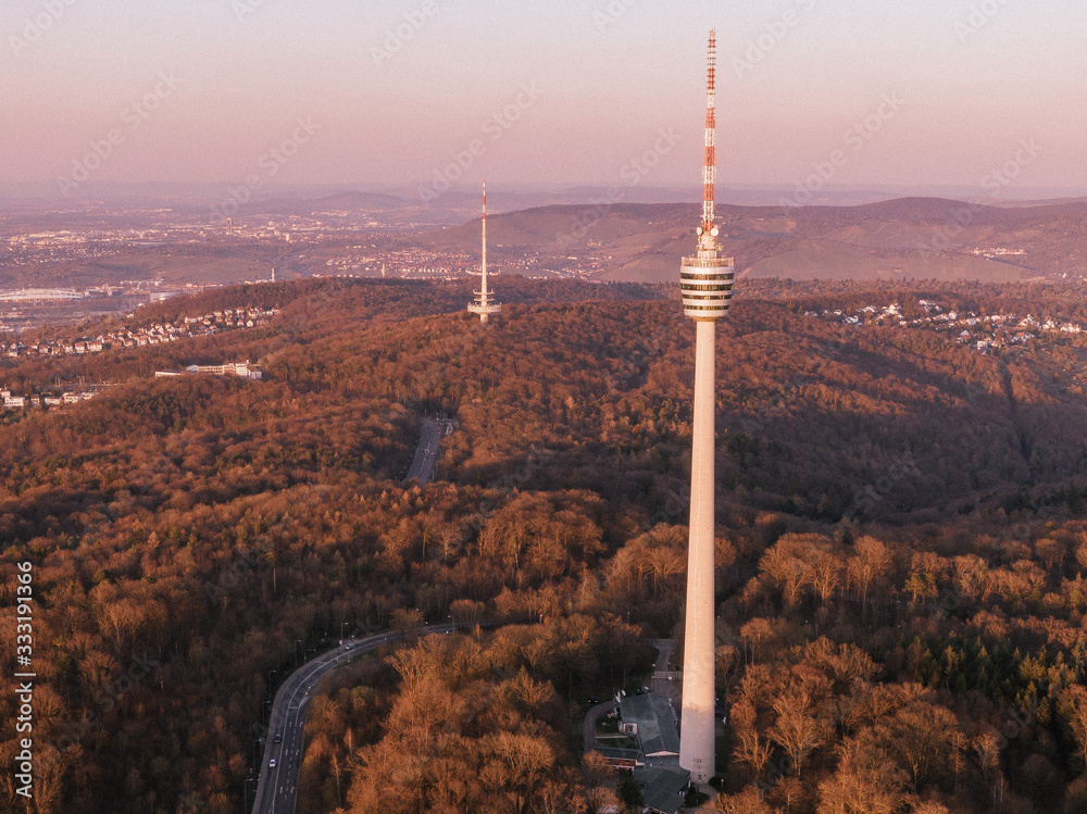 Obraz premium Aerial shot of the TV Tower in Stuttgart, Germany