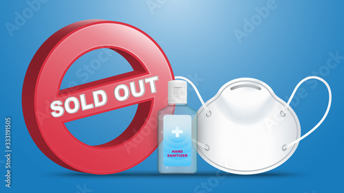 Medical or surgery mask and hand sanitizer Sold Out, Out of Stock , N95  protection, Vector Illustration , Blue Background with  .