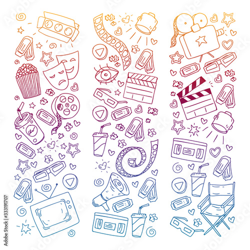 Coloring page. Online internet cinema pattern with vector icons for wrapping paper, posters, banners, leaflets. 3d movie, tv, musical.