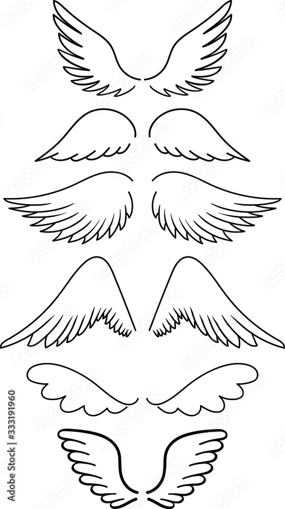 Obraz premium Set of vector hand-drawn silhouette wings of different shapes