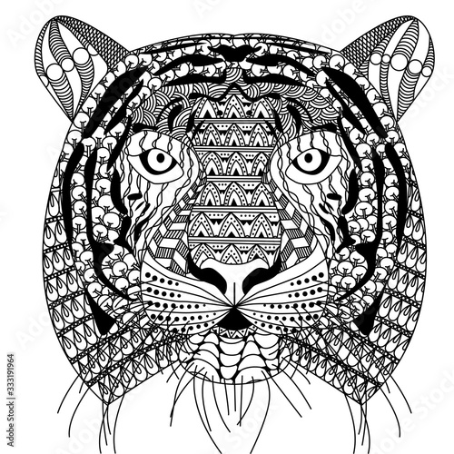 zenart style tiger head with moustache, black and white drawing, printable