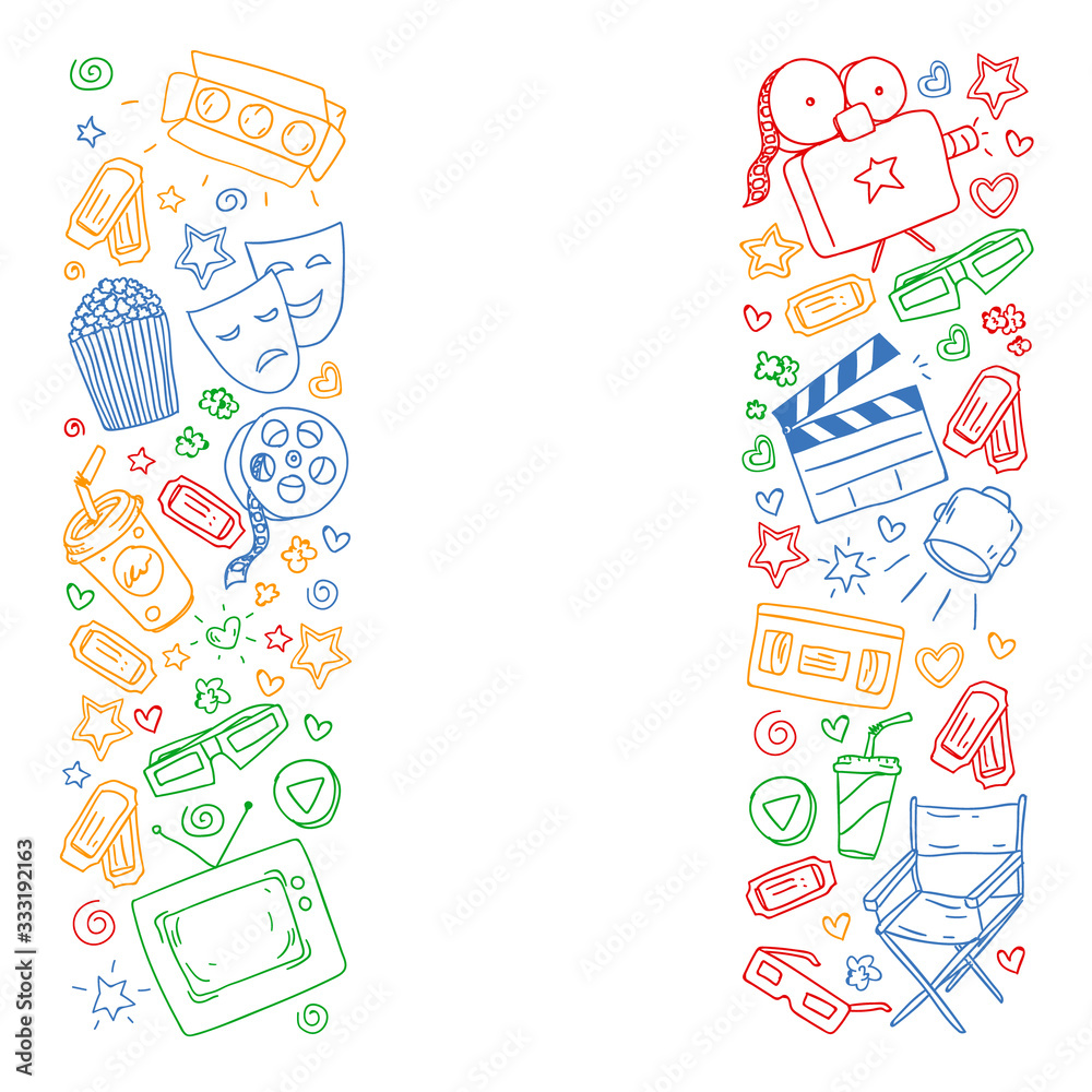 Coloring page. Online internet cinema pattern with vector icons for wrapping paper, posters, banners, leaflets. 3d movie, tv, musical.