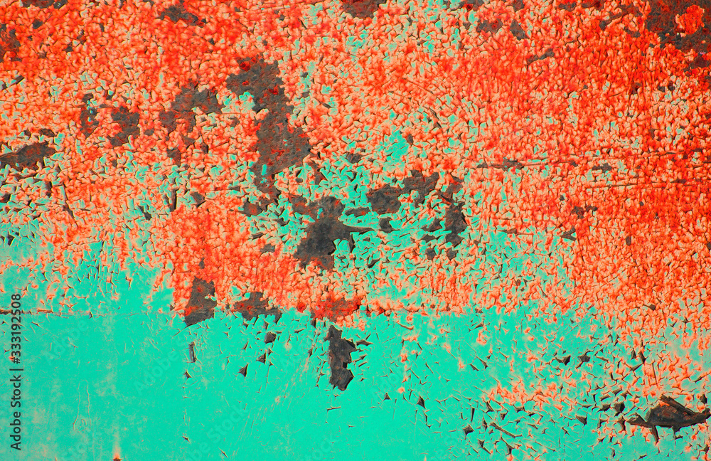 Old rusty metal surface tinted in orange and blue colors. Bright neon backdrop. Modern urban industrial concept. Copy space. Selective focus image. Old rusty metal surface tinted in orange and blue colors. Bright neon backdrop. Modern urban industrial concept. Copy space. Selective focus image.