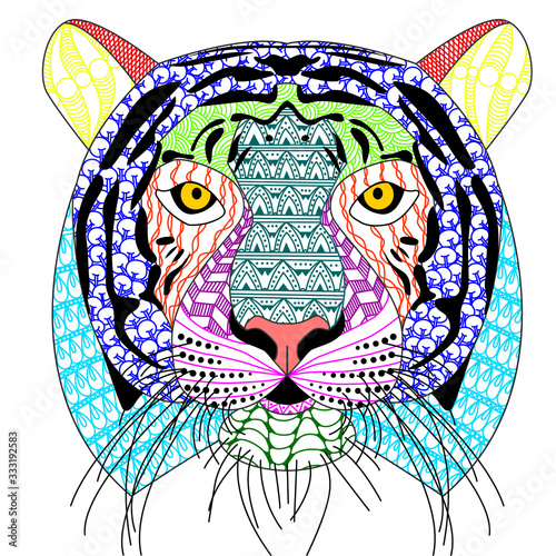 zenart/zentangle style tiger head with moustache,color drawing  for print