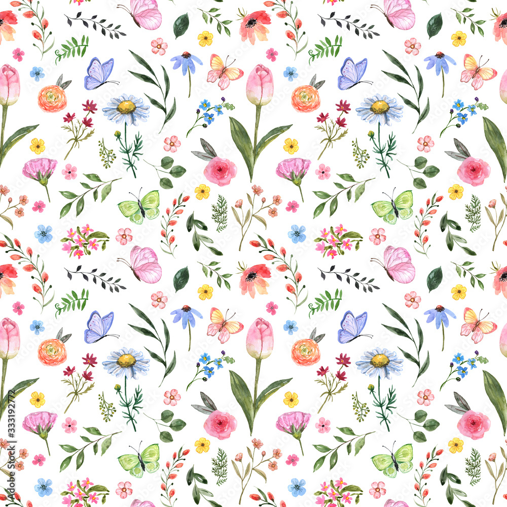 watercolor-floral-seamless-pattern-cute-botanical-print-blooming-summer-meadow-illustration-with-butterflies-on-white-background-pastel-color-palette-great-for-nursery-design-textile-stock-illustration-adobe-stock