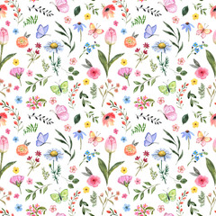 Wandcirkels Bloemen patronen Zomerweide met vlinders pastel aquarel  © Anna Nekotangerine