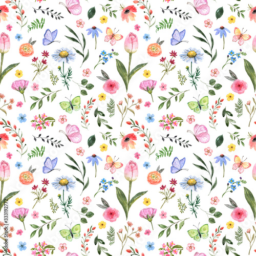 Butterfly wallpaper - Wall mural Watercolor floral seamless pattern. Cute botanical print, blooming summer meadow illustration with butterflies on white background. Pastel color palette. Great for nursery design, textile