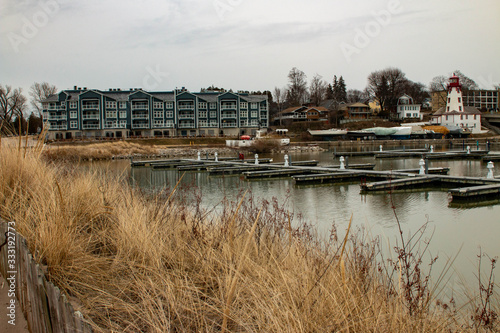 Beautiful view of the Kincardine marina with some tall grasses in the foreground.