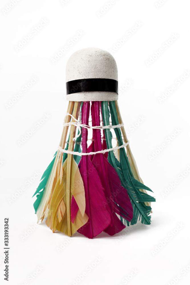colorful feather feathers for badminton on isolate white background
