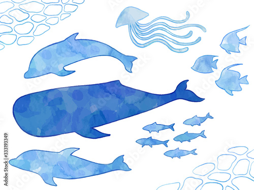 海の生き物のシルエットイラストセット（水彩風）